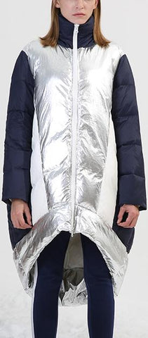 Asymmetrical Metallic Color-Contrast Puffer Coat