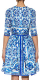 'Majolica' Tile Printed A-Line Silk Dress - Blue & White - DESIGNER INSPIRED FASHIONS