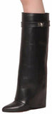 'Shark Lock' Wedge Knee Leather Boots in Black - DESIGNER INSPIRED FASHIONS