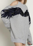Wing-Embroidered Cold-Shoulder Sweatshirt, Grey