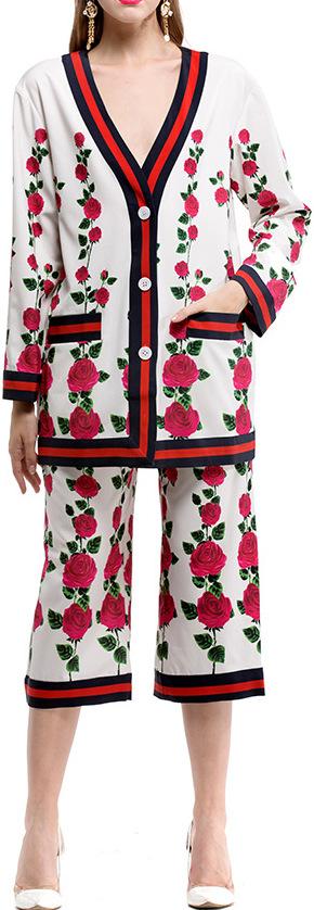 Floral Print Oversized Cardigan Sweater & Cropped Pant Set