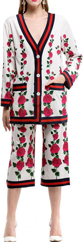 Floral Print Oversized Cardigan Sweater & Cropped Pant Set
