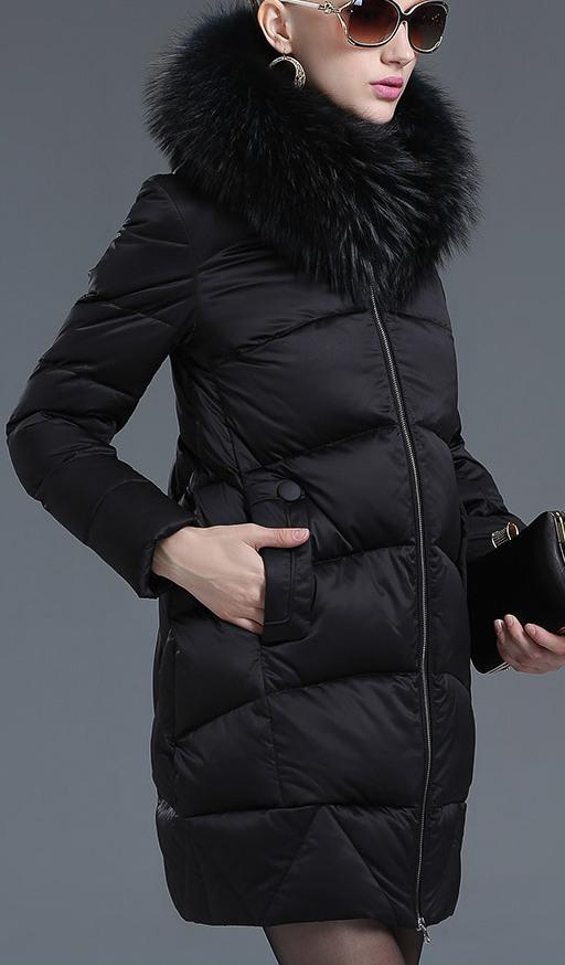 Puffer Down Coat with Removable Fur, Black