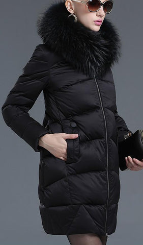 Puffer Down Coat with Removable Fur, Black