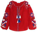 'Kilim' embroidered linen Boho blouse in Red or White - DESIGNER INSPIRED FASHIONS