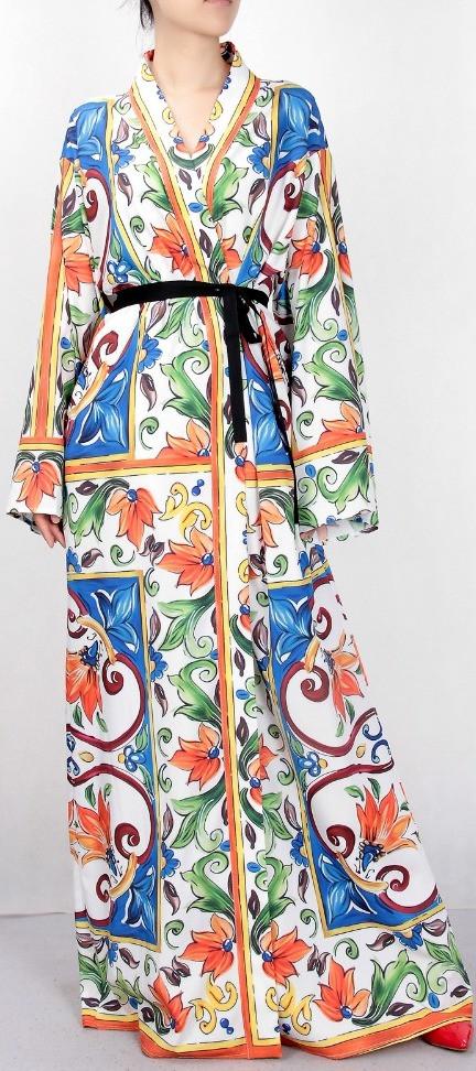 Majolica Print Multicolored Robe-Dress - DESIGNER INSPIRED FASHIONS
