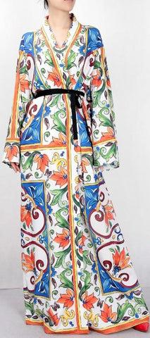 Majolica Print Multicolored Robe-Dress - DESIGNER INSPIRED FASHIONS