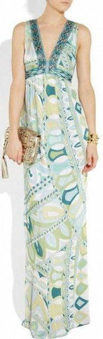Geometric Printed Deep V-Neck Sleeveless Long Jersey Silk Maxi Dress - DESIGNER INSPIRED FASHIONS
