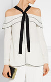 Off-the-shoulder Pussy-Bow Blouse in White - DESIGNER INSPIRED FASHIONS