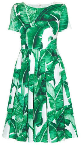 Banana Leaf Printed A-Line Pleated Dress - DESIGNER INSPIRED FASHIONS