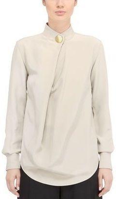 Long Sleeve Pleat Silk Blouse with Top Button Closure - DESIGNER INSPIRED FASHIONS