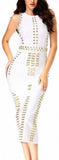 'Bradshaw' Gold Beaded Long Dress - White - DESIGNER INSPIRED FASHIONS