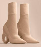 Knitted Boots with Sculpted Heel, Beige