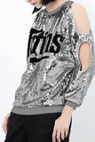 Sequin Embellished Cold-Shoulder Sweatshirt in Black or Silver - DESIGNER INSPIRED FASHIONS