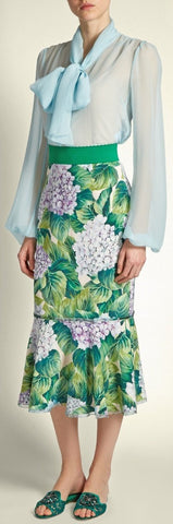 Chiffon Tie-Neck Blouse & Hydrangea Print Skirt Set