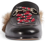 Princetown Fur lined Leather Embroidered Snake Slipper in Black - DESIGNER INSPIRED FASHIONS