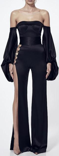 Black Off-the-Shoulder Metal-Hook-Embellished Jumpsuit - DESIGNER INSPIRED FASHIONS