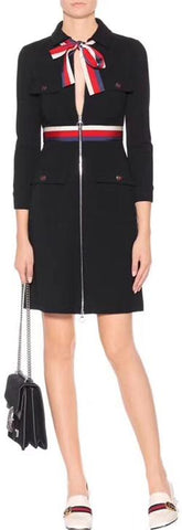 Black Zip-Front Web-Trim Dress