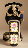 Black Velvet Sandal with Sculptural Heel & Embroidery - DESIGNER INSPIRED FASHIONS