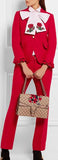 3 Pc Set Includes: Red Ruffle Single Breasted Jacket, Matching Red Dress Pants & Embroidered Pink Oxford Shirt with Bow - DESIGNER INSPIRED FASHIONS