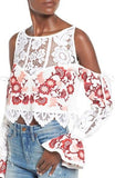 'Cecilia' Flower Embroidered Cold-Shoulder Crop Top - White or Black - DESIGNER INSPIRED FASHIONS
