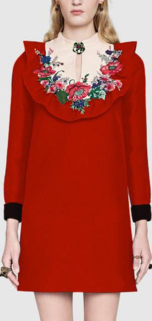 Floral-Embroidered Ruffle-Bib Shift Dress, Red
