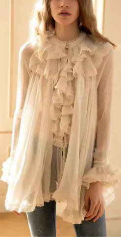 Ruffle Silk Lace-Trim Blouse