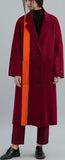 Contrast-Stripe Long Wool Coat