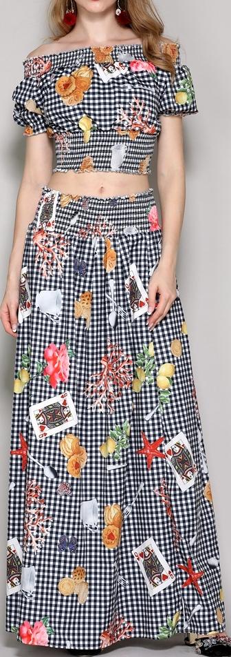 Printed Gingham Off-the-Shoulder Top & Maxi Skirt Set