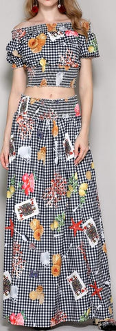 Printed Gingham Off-the-Shoulder Top & Maxi Skirt Set