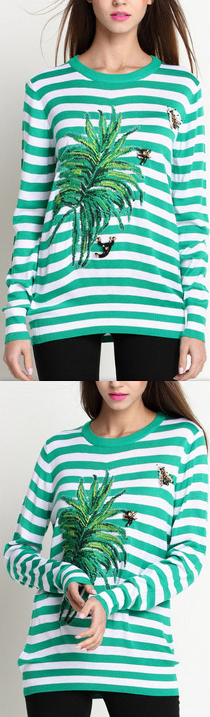 Green Striped Leaf Embroidered Knit Sweater - DESIGNER INSPIRED FASHIONS