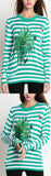 Green Striped Leaf Embroidered Knit Sweater - DESIGNER INSPIRED FASHIONS