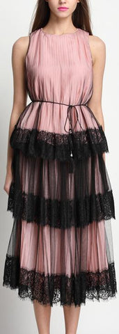 Pleated Silk & Lace Midi Dress