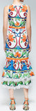 Majolica Print Tiered Lace-Trim-Hem Midi Dress