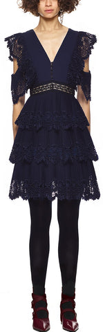 Tiered Pleated Embroidery Mini Dress