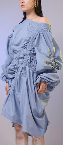 Ruched Asymmetrical Dress - Light Blue or Light Beige