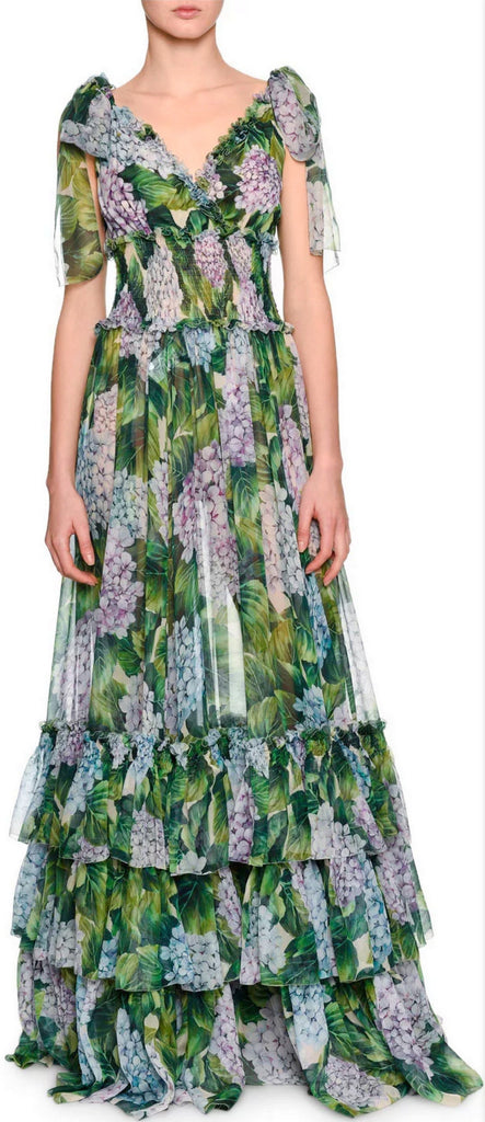 Tiered Hydrangea Chiffon Gown, Green - DESIGNER INSPIRED FASHIONS