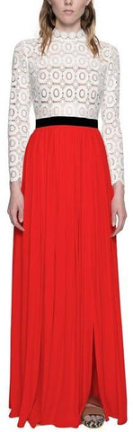Pleated Crochet Floral Maxi Dress in Red - DESIGNER INSPIRED FASHIONS