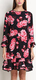 Rose-Printed Ruffle-Trimmed Silk Blend Shift Dress - DESIGNER INSPIRED FASHIONS