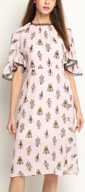 Robot-Print Lace-Trimmed Silk Dress - DESIGNER INSPIRED FASHIONS