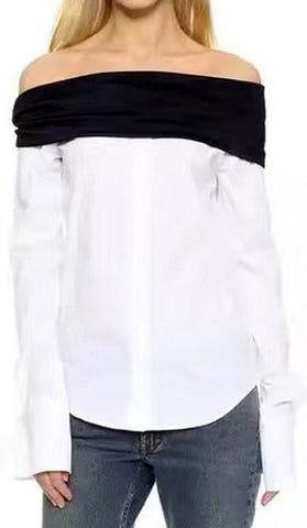 Knit Off-Shoulder Panel Shirt in White - DESIGNER INSPIRED FASHIONS