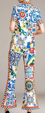 Tile Print Short-Sleeve Shirt and Flared-Leg Pant Set
