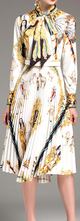 Pleated Printed Midi Shirt Dress