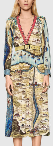 'Carte De Tendre' Map Printed Sequin Embellished Midi Dress - DESIGNER INSPIRED FASHIONS