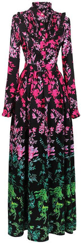 Multi Colored Ruffle Pleated Printed Maxi Dress