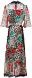 Lace-Trim Leopard and Rose Print Midi Dress