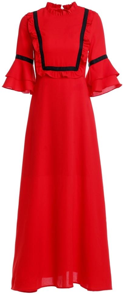 Piping-Contrast Ruffled Red Maxi Dress - DESIGNER INSPIRED FASHIONS