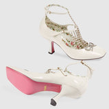 T-strap Leather Pump with Pearls - White or Black