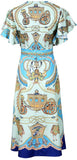 Blue Vintage-Print Flutter-Sleeve Dress