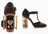 Black Embellished Sacred Heart Brocade Heeled Shoes - DESIGNER INSPIRED FASHIONS